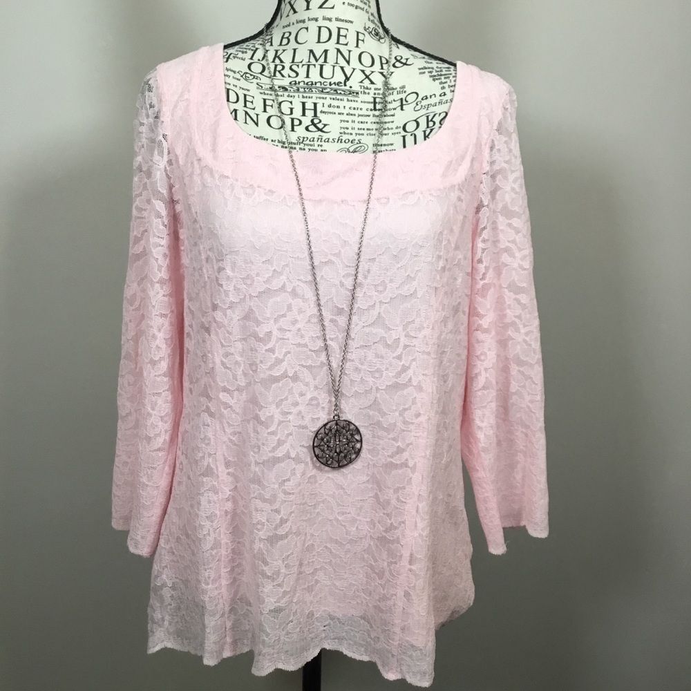 Simonton says vintage pink lace square neck top 3/4 sleeve 60s style sz Medium